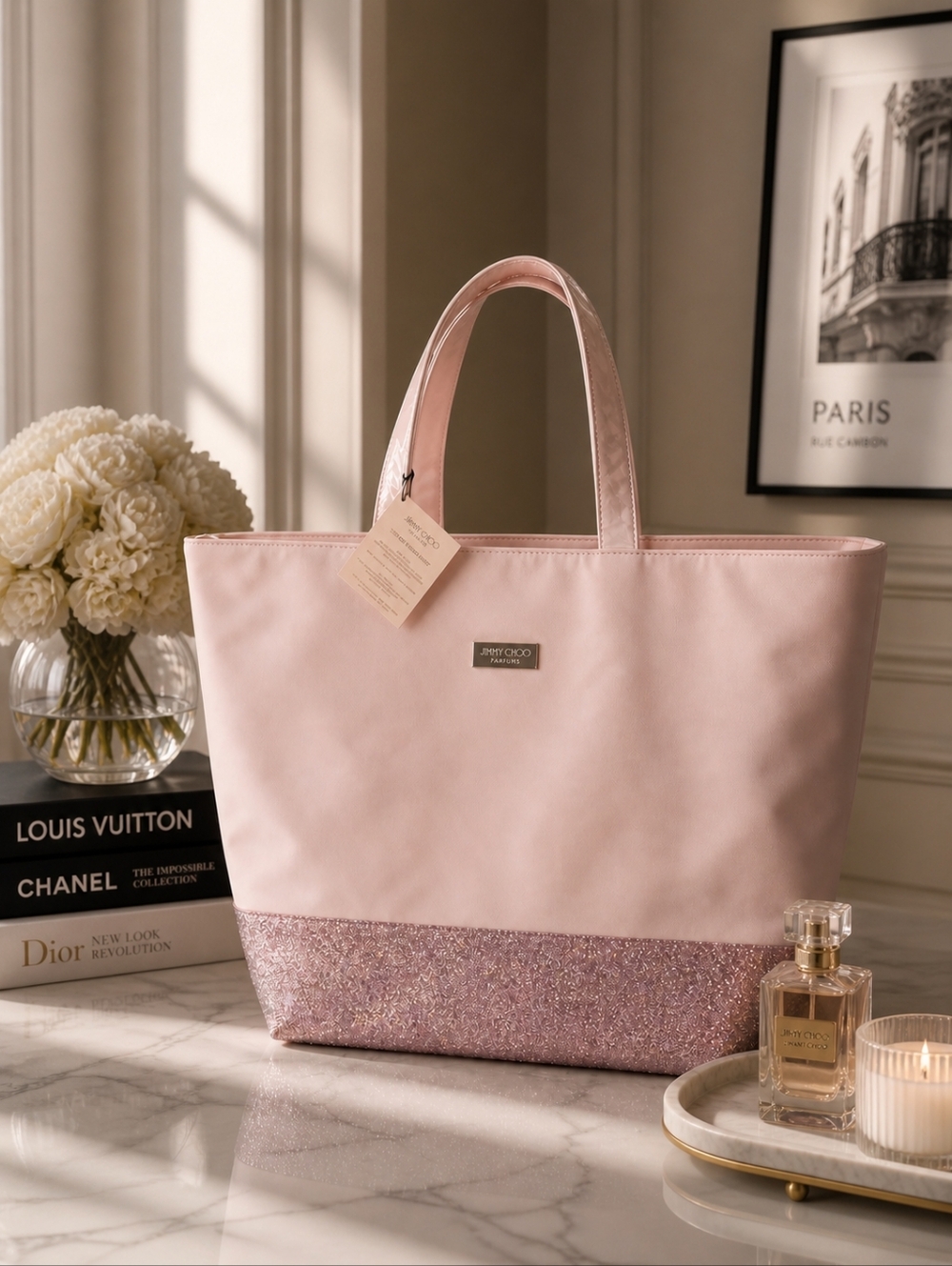 Jimmy Choo Parfums XL Tote Bag Blush Pink Glitter Bottom NWT Chic Luxury 24x14
